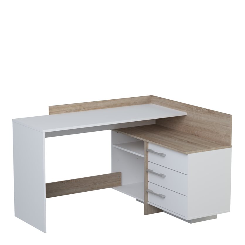 3-Drawer Corner Desk 	&apos;Thales	&apos; - Oak/White