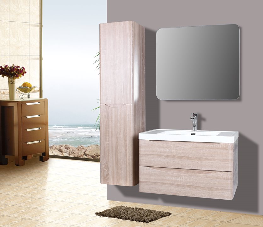 Bathroom cabinet set with resin basin and mirror.